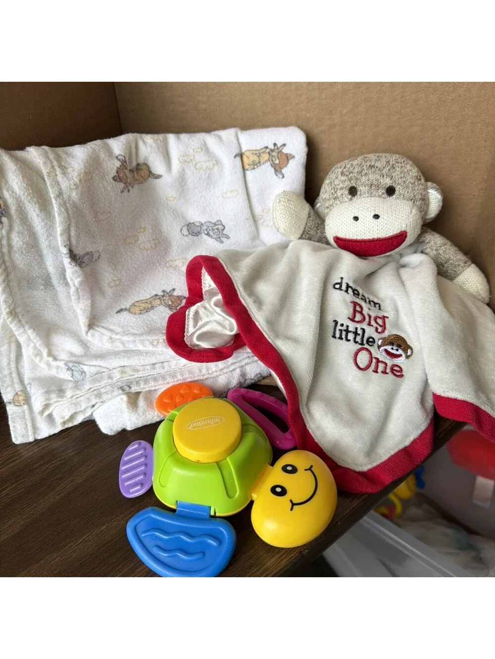 Baby Starter Set/Sock Monkey Security Blanket, Infantino Baby Rattle Bambi Blank